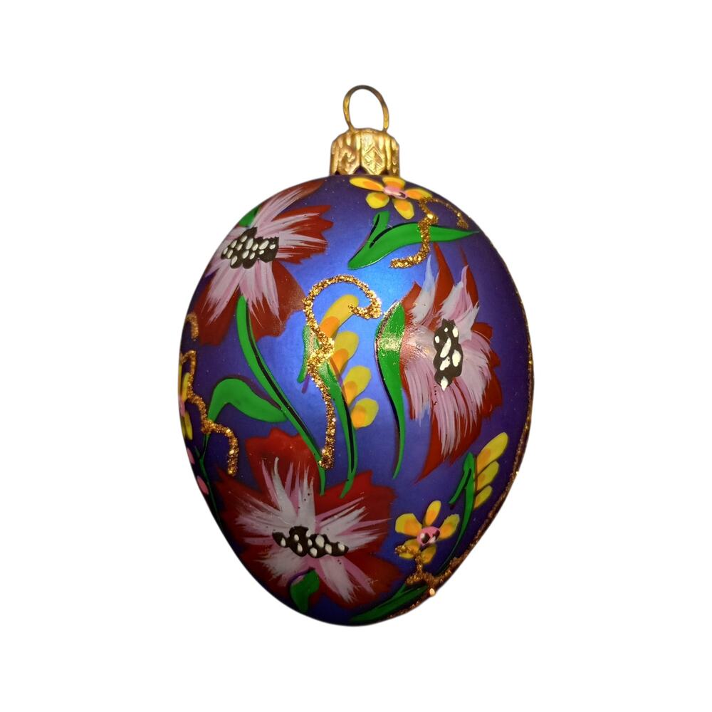 Vintage Impuls Mouth Blown Hand Painted Blue Glass Egg Christmas Ornament Poland